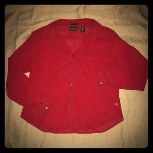 New York & CO Women’s Chic Button Down Red Semi-Sheer Dress Blouse